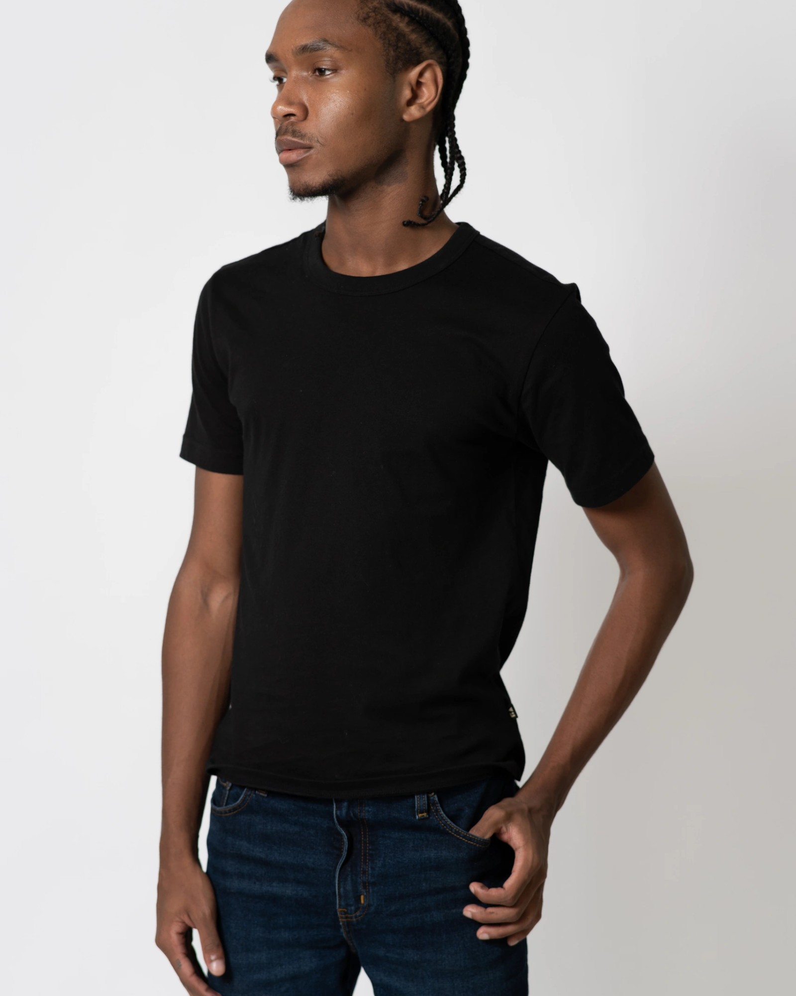 Black tee commercial three quarter